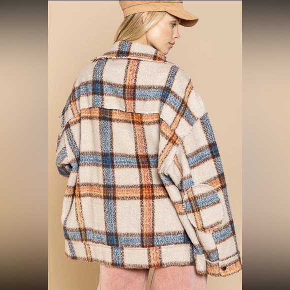 NEW Anthropologie POL Womens Beige Multi Buffalo Plaid coat oversized Large - Picture 2 of 10
